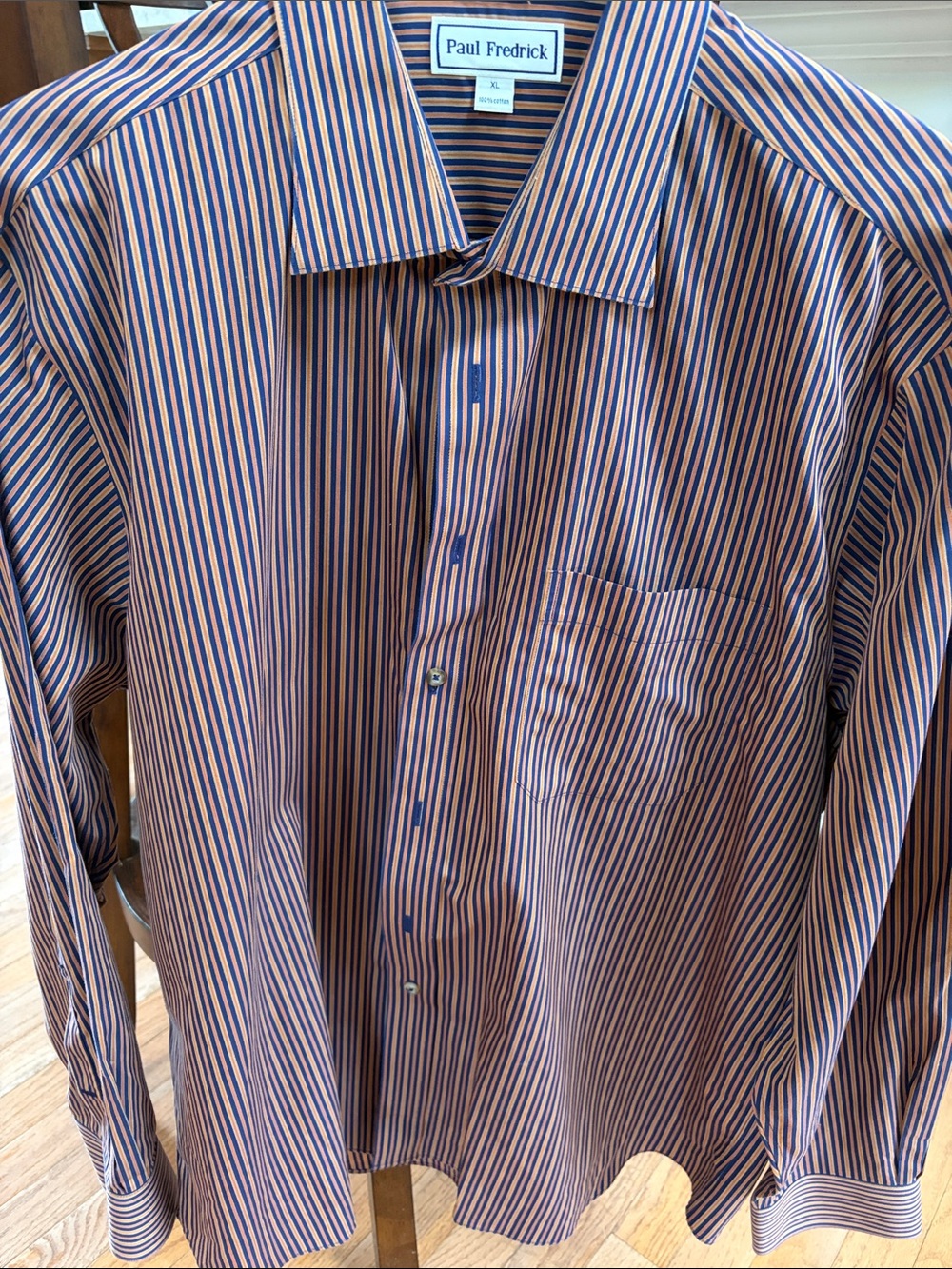Paul Fredrick Blue and brown Narrow Stripe Dress Shirt